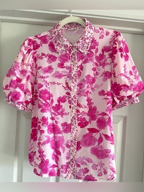 JODIFL Pink Floral Garden Breeze Button-Down Shirt with Flouncy Short Sleeves S